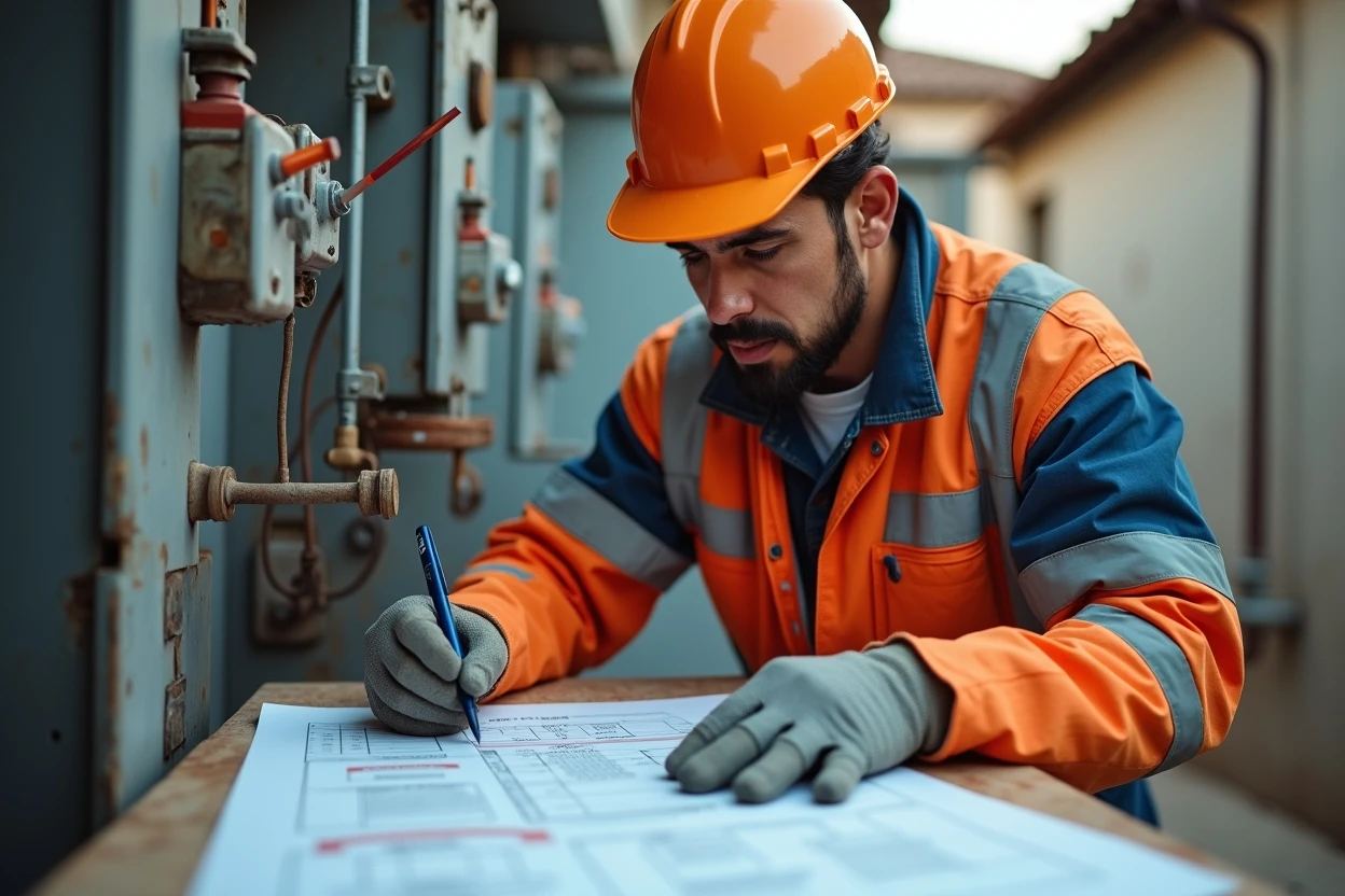 Esquema eléctrico sobre mesa de trabajo
