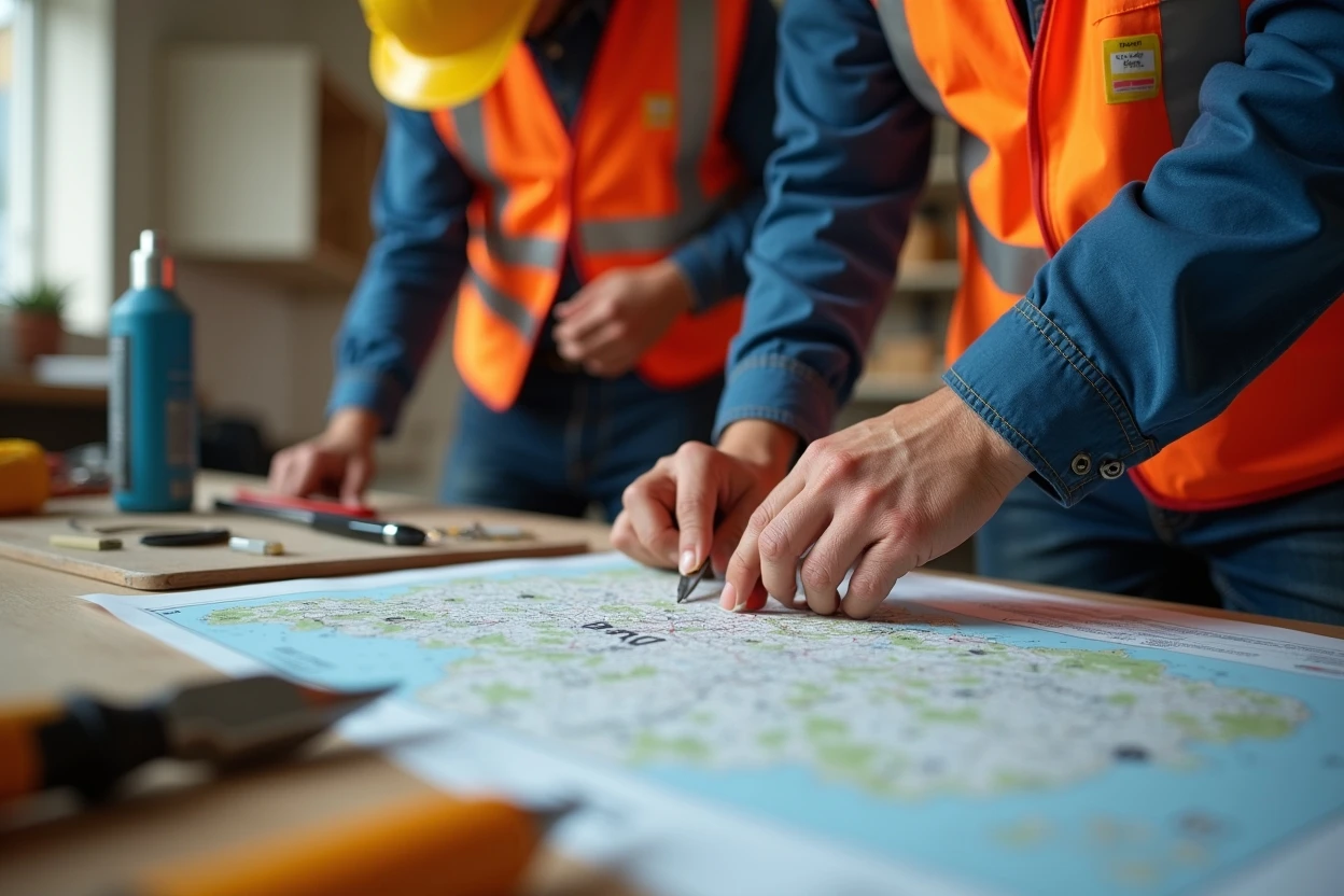 Mapa y herramientas eléctricas sobre mesa de trabajo